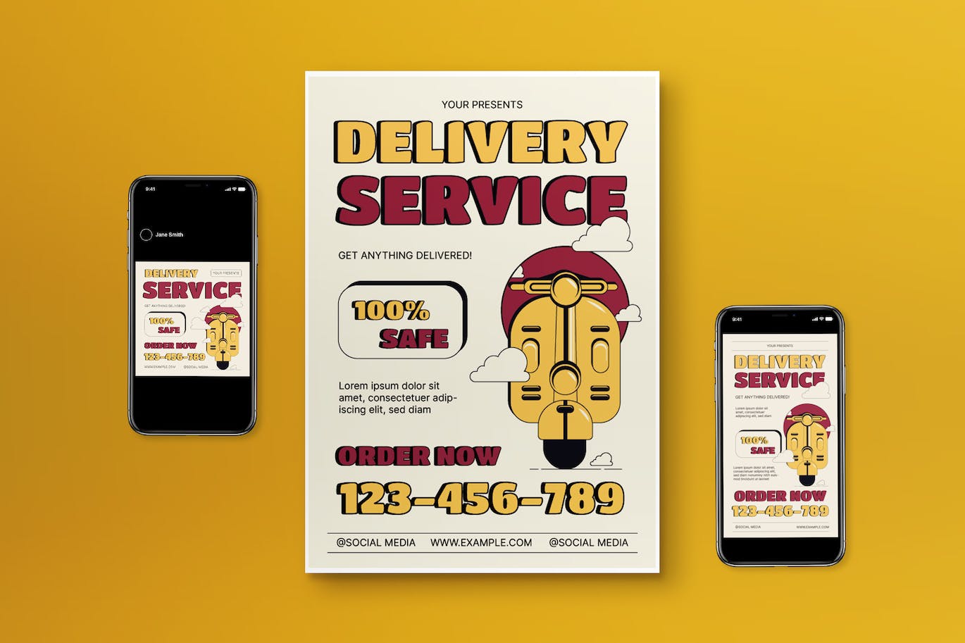 黄色扁平设计快递服务海报宣传单合集 Yellow Flat Design Delivery Service Flyer Set