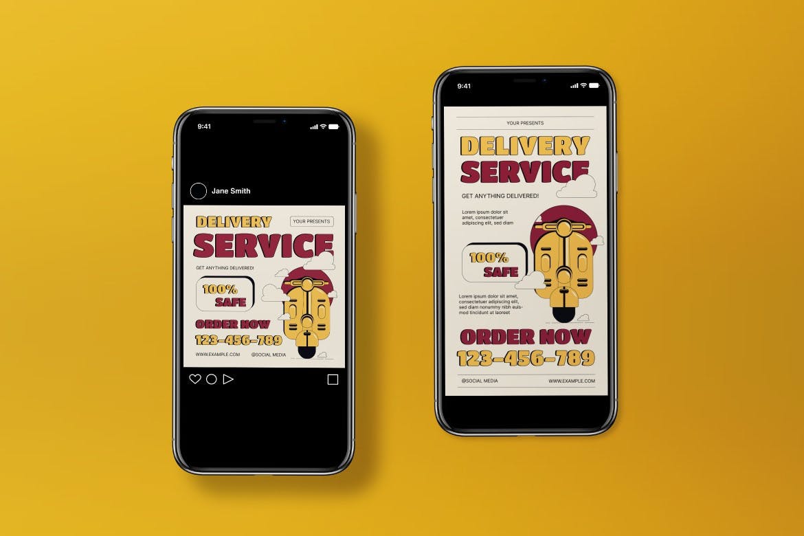 黄色扁平设计快递服务海报宣传单合集 Yellow Flat Design Delivery Service Flyer Set