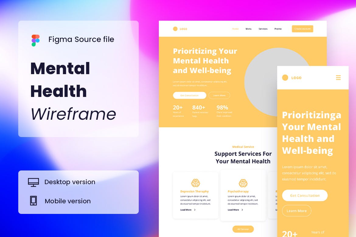 心理健康平台网站网页设计线框图模板 Mental Health Wireframe Website