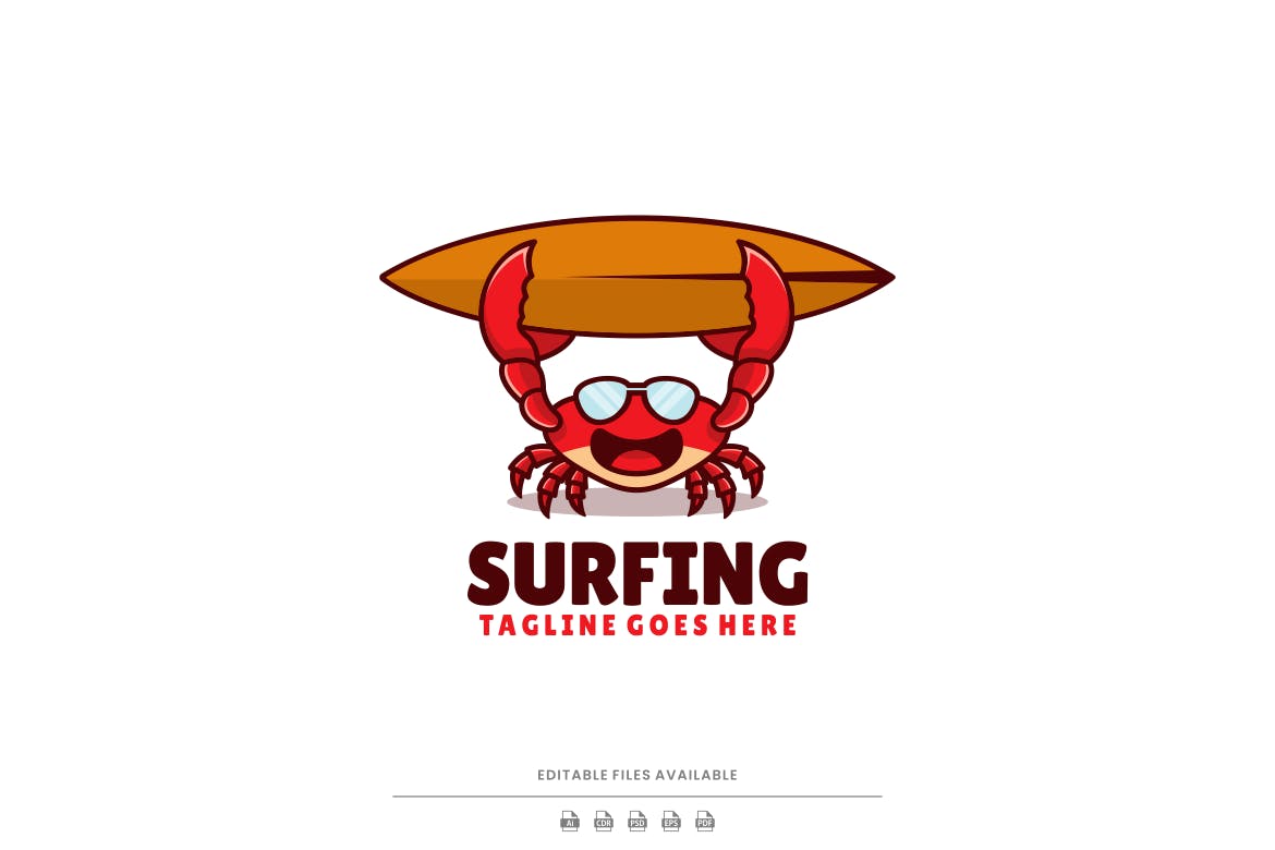 冲浪螃蟹吉祥物卡通Logo标志设计模板 Surfing Crab Mascot Cartoon Logo