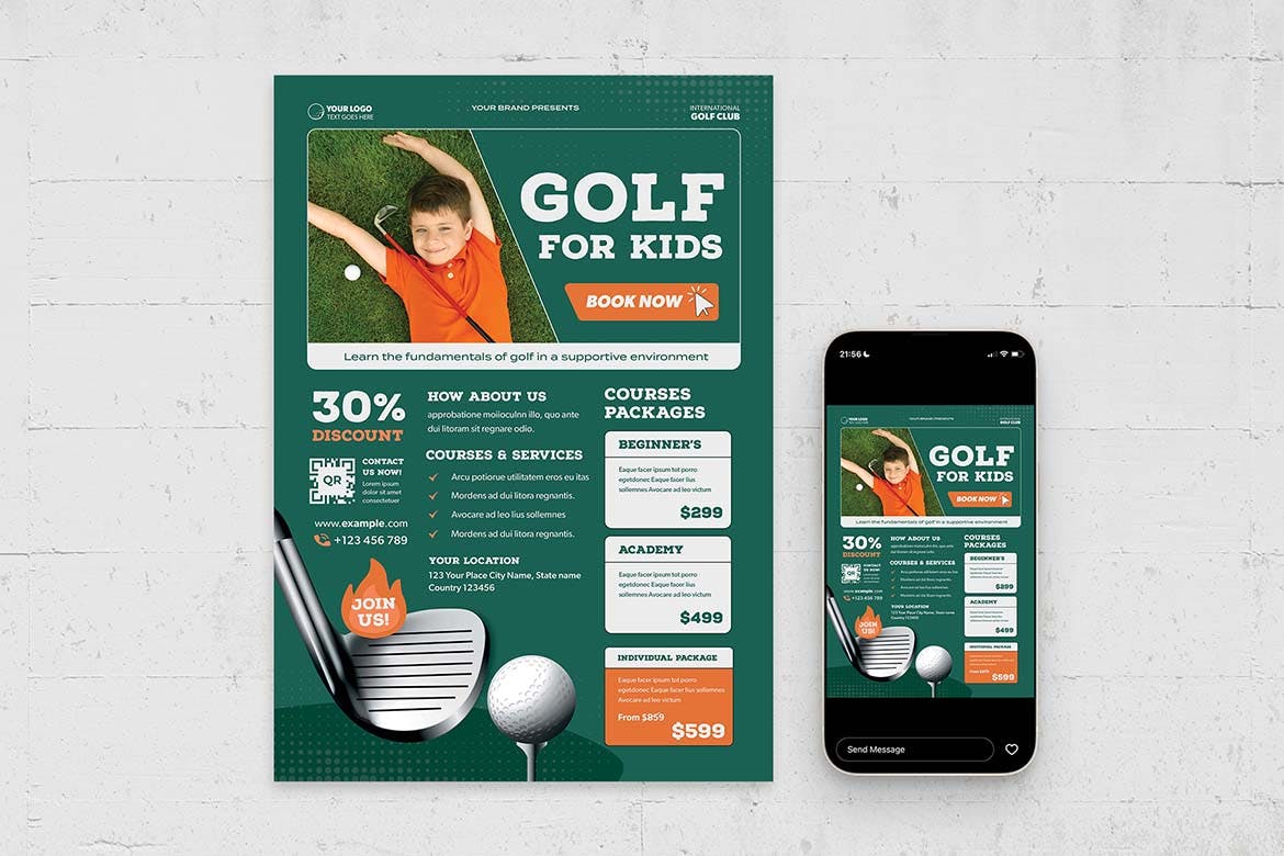 儿童高尔夫运动海报传单模板 Kids Golf Flyer Template