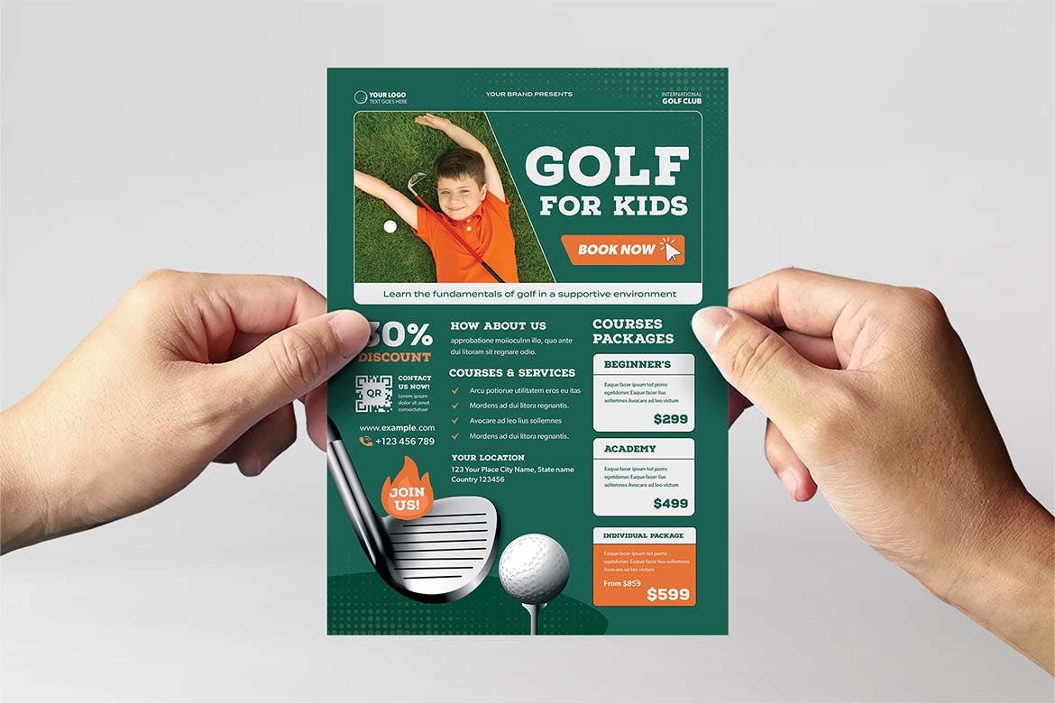 儿童高尔夫运动海报传单模板 Kids Golf Flyer Template