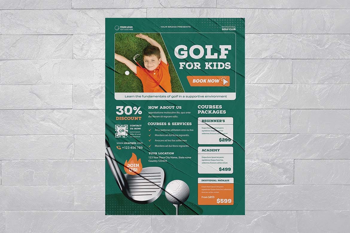 儿童高尔夫运动海报传单模板 Kids Golf Flyer Template