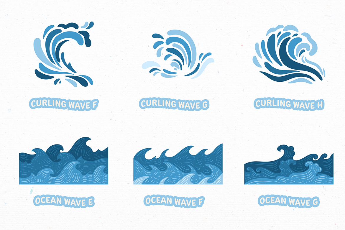 蓝色海洋波浪元素插画集 Blue Ocean Wave Element Illustration Set