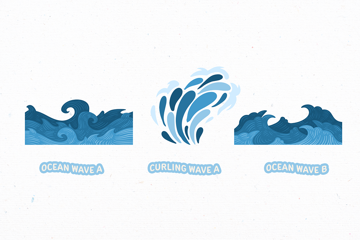 蓝色海洋波浪元素插画集 Blue Ocean Wave Element Illustration Set