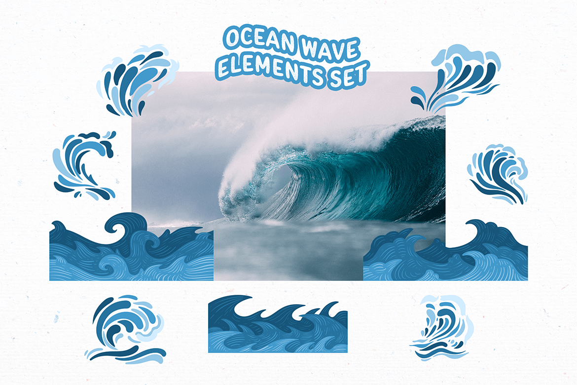 蓝色海洋波浪元素插画集 Blue Ocean Wave Element Illustration Set