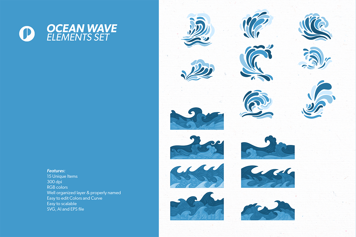 蓝色海洋波浪元素插画集 Blue Ocean Wave Element Illustration Set