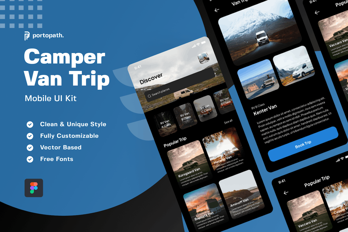 自驾露营旅行移动应用程序App界面设计模板 Camper Van Trip Mobile Apps