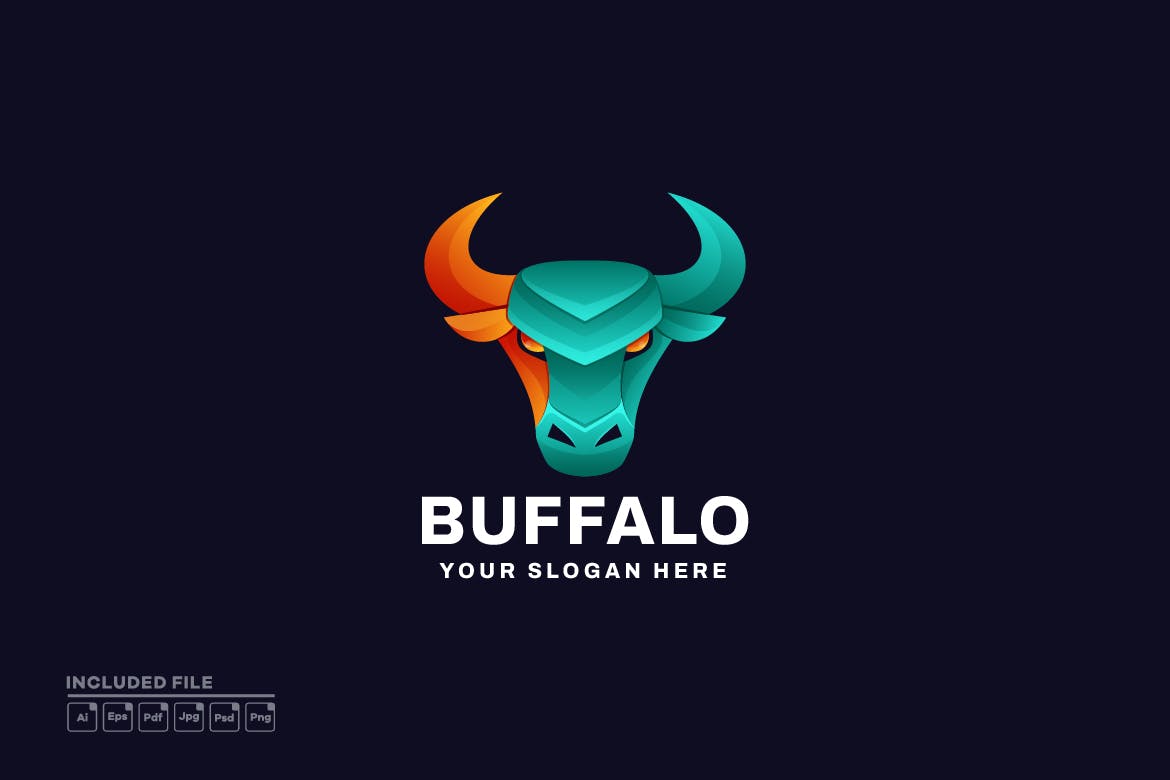 彩色水牛卡通渐变Logo标志模板 Buffalo Gradient Logo