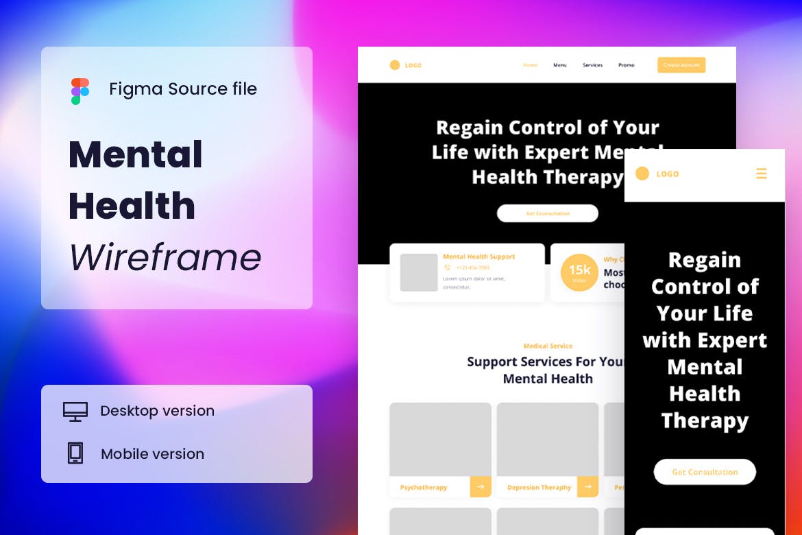 心理辅导网站网页设计线框图模板 Mental Health Wireframe Website