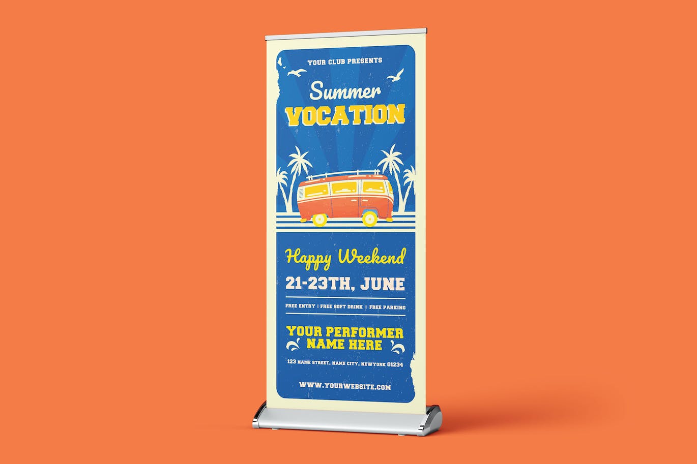 夏季暑假自驾游广告易拉宝设计模板 Summer Vocation Rollup Banner