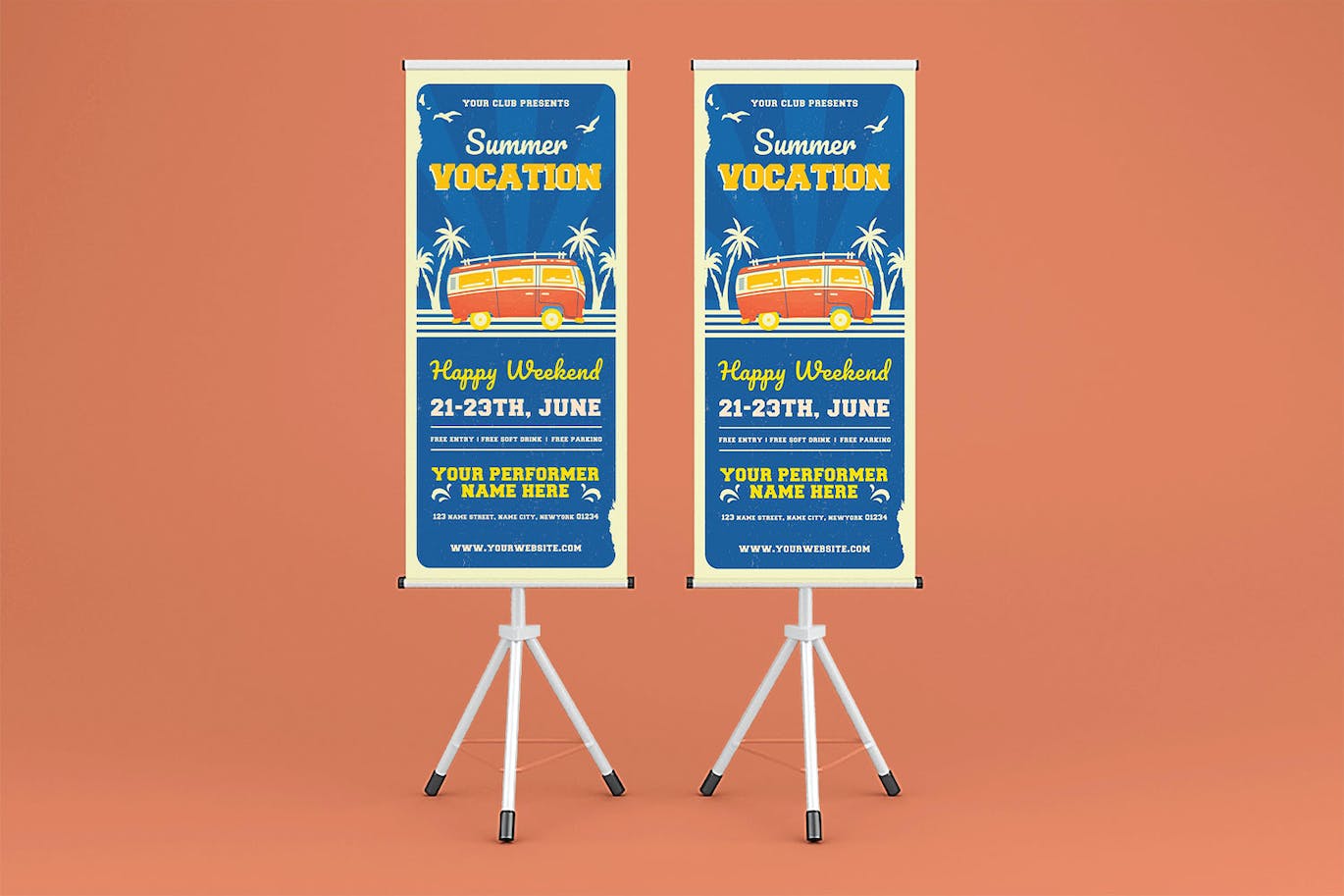 夏季暑假自驾游广告易拉宝设计模板 Summer Vocation Rollup Banner