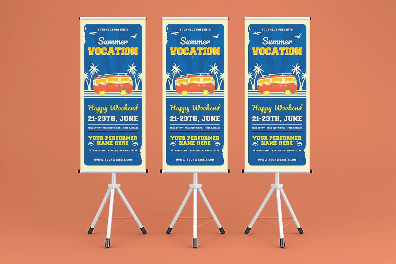 夏季暑假自驾游广告易拉宝设计模板 Summer Vocation Rollup Banner