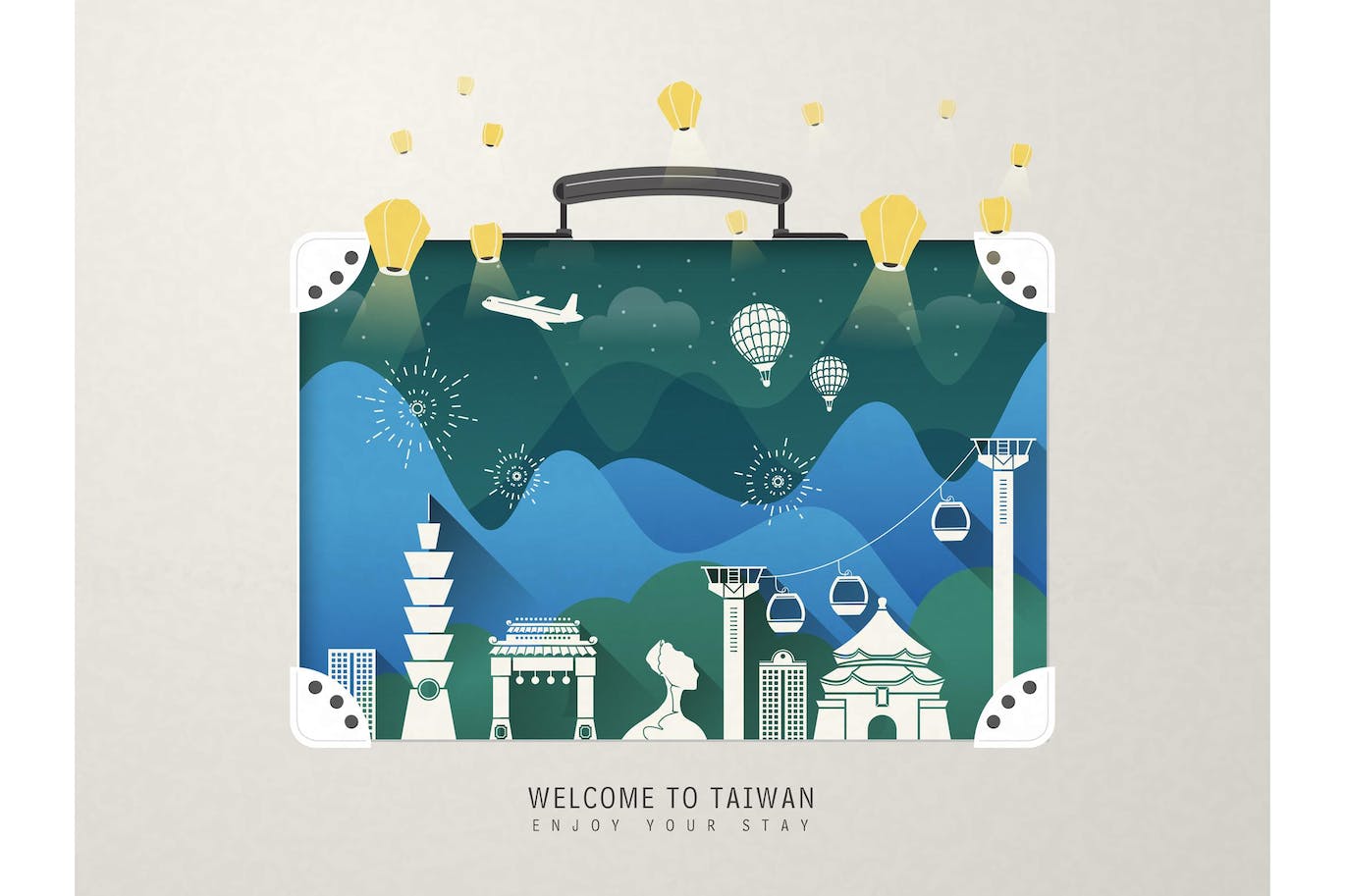 台湾景点剪影手提箱插画 Taiwan Attraction in A Suitcase