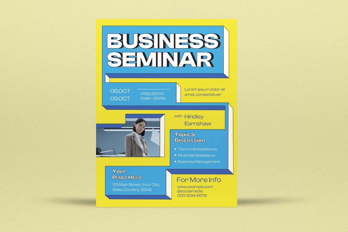 黄色扁平设计业务研讨会海报设计 Yellow Flat Design Business Seminar Flyer