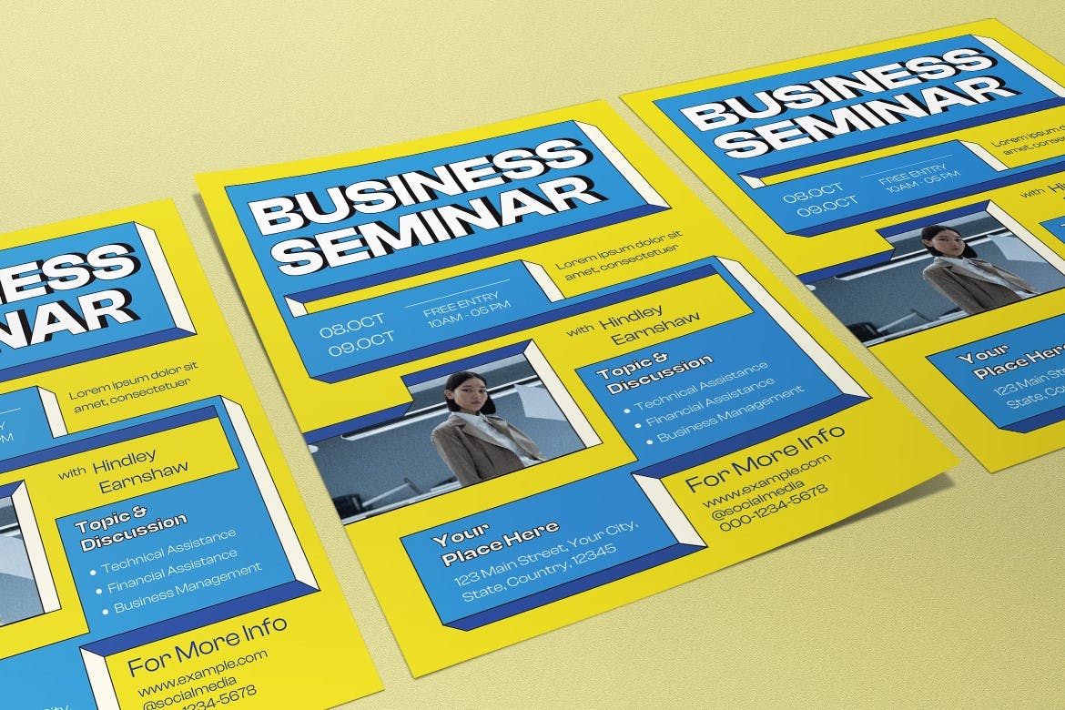 黄色扁平设计业务研讨会海报设计 Yellow Flat Design Business Seminar Flyer