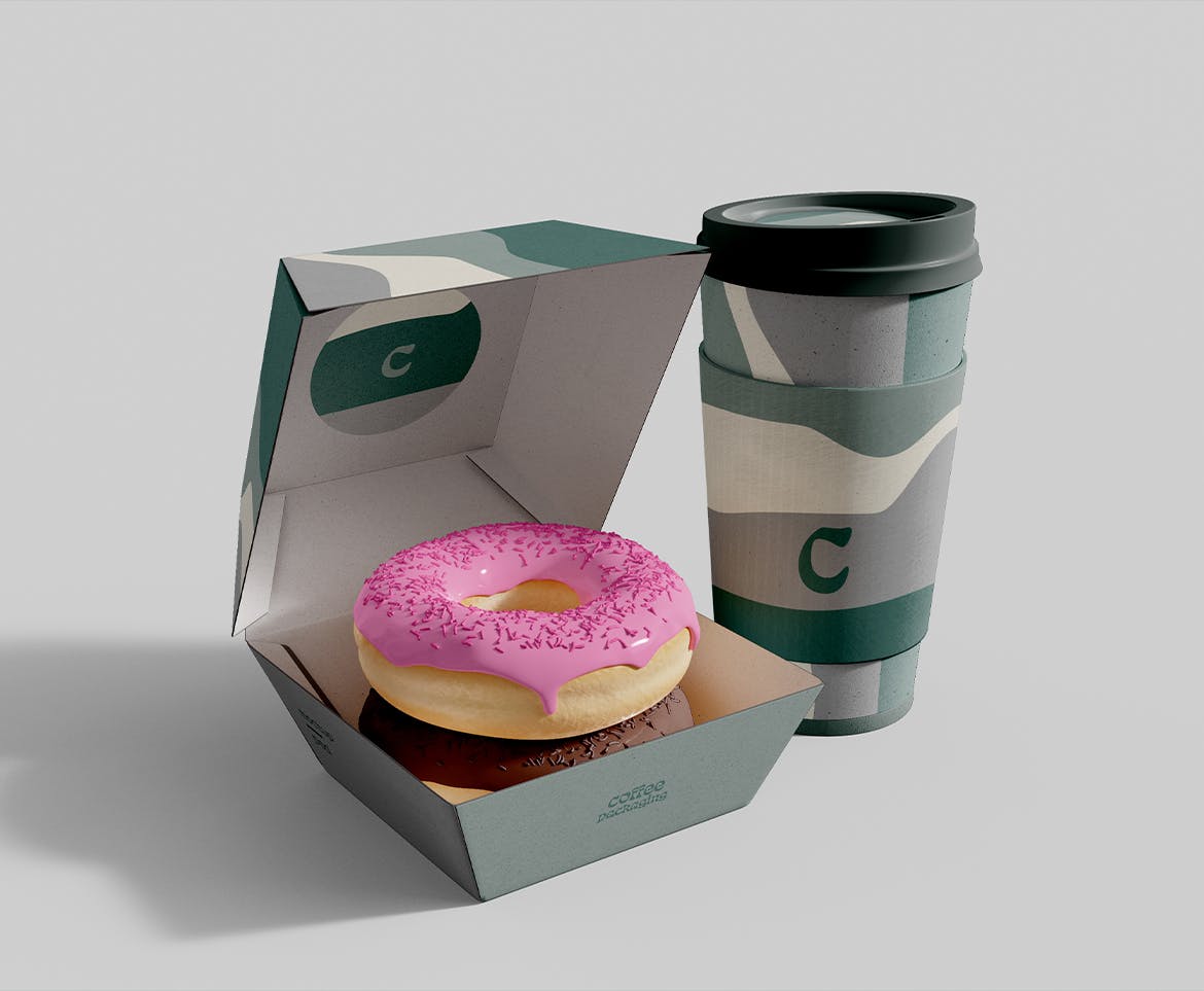 咖啡杯和甜甜圈包装盒样机模板 Coffee Cup and Donuts Box Mockup