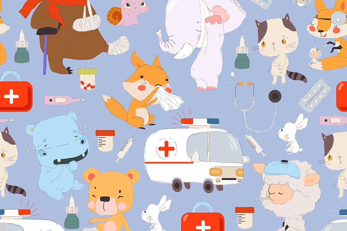 卡通生病动物矢量无缝图案 Vector Seamless Pattern with Sick Cartoon