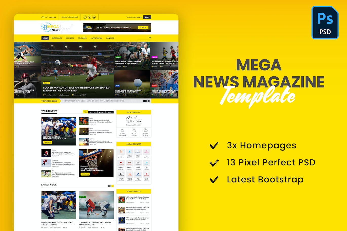 大型新闻杂志网站设计PSD模板 Mega News Magazine PSD Template