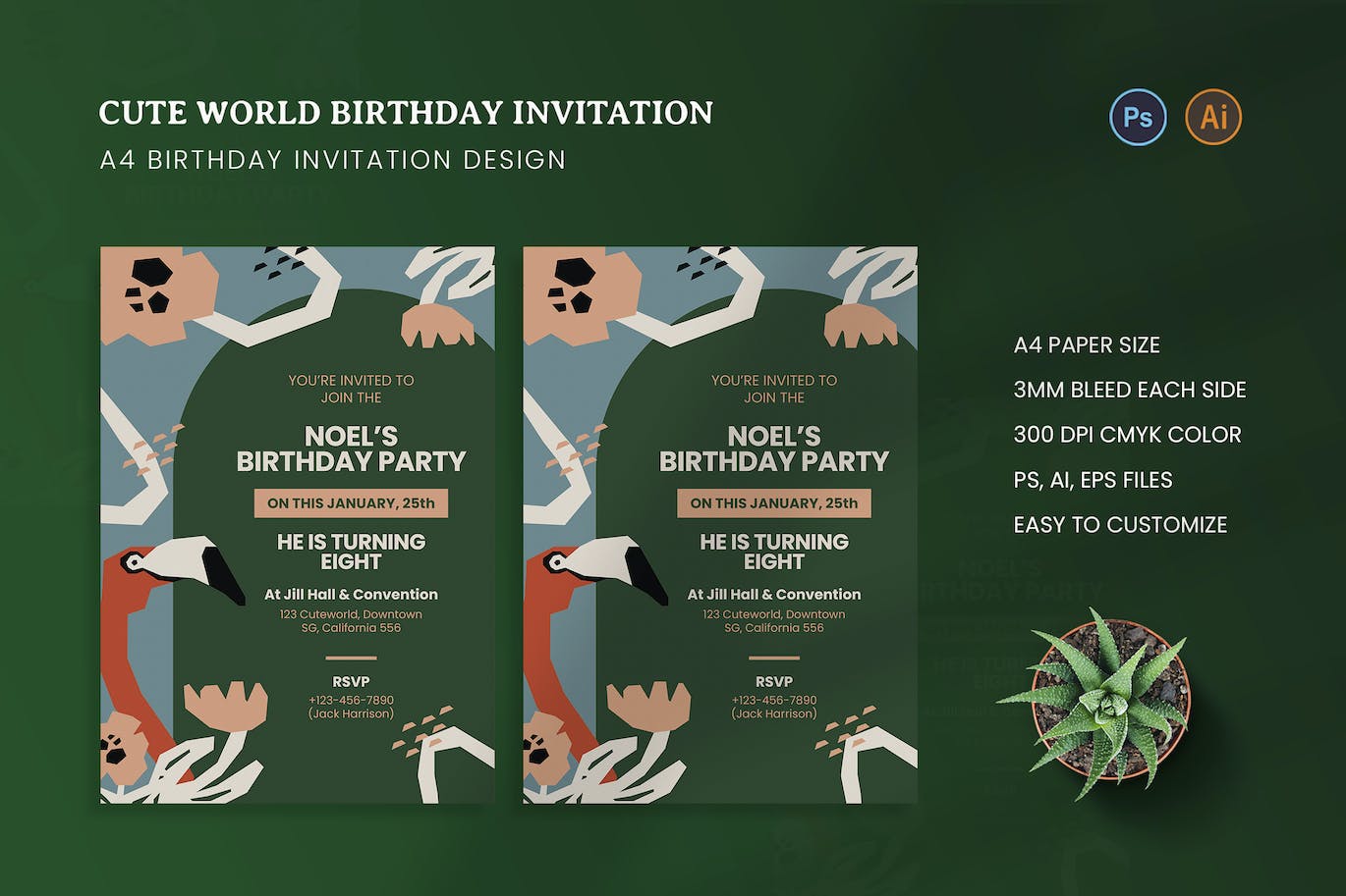 可爱的世界生日邀请函设计模板 Cute World Birthday Invitation