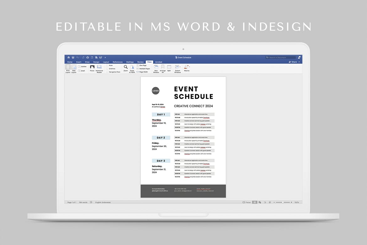 演出项目活动时间表设计模板 Event Schedule | MS Word &amp; Indesign