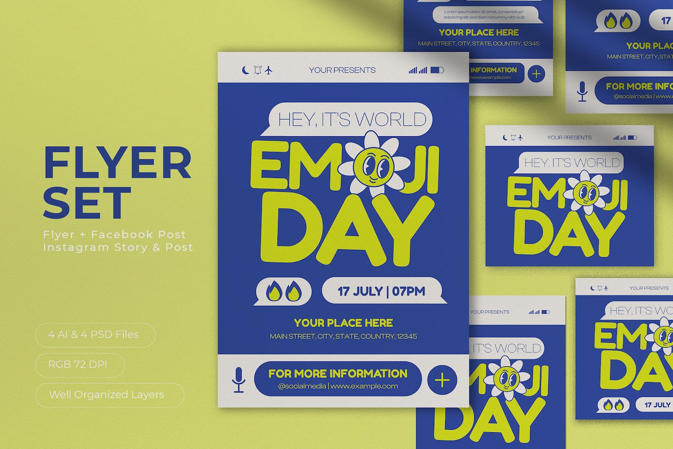 蓝色扁平设计世界表情符号日宣传单素材 Blue Flat Design World Emoji Day Flyer Set