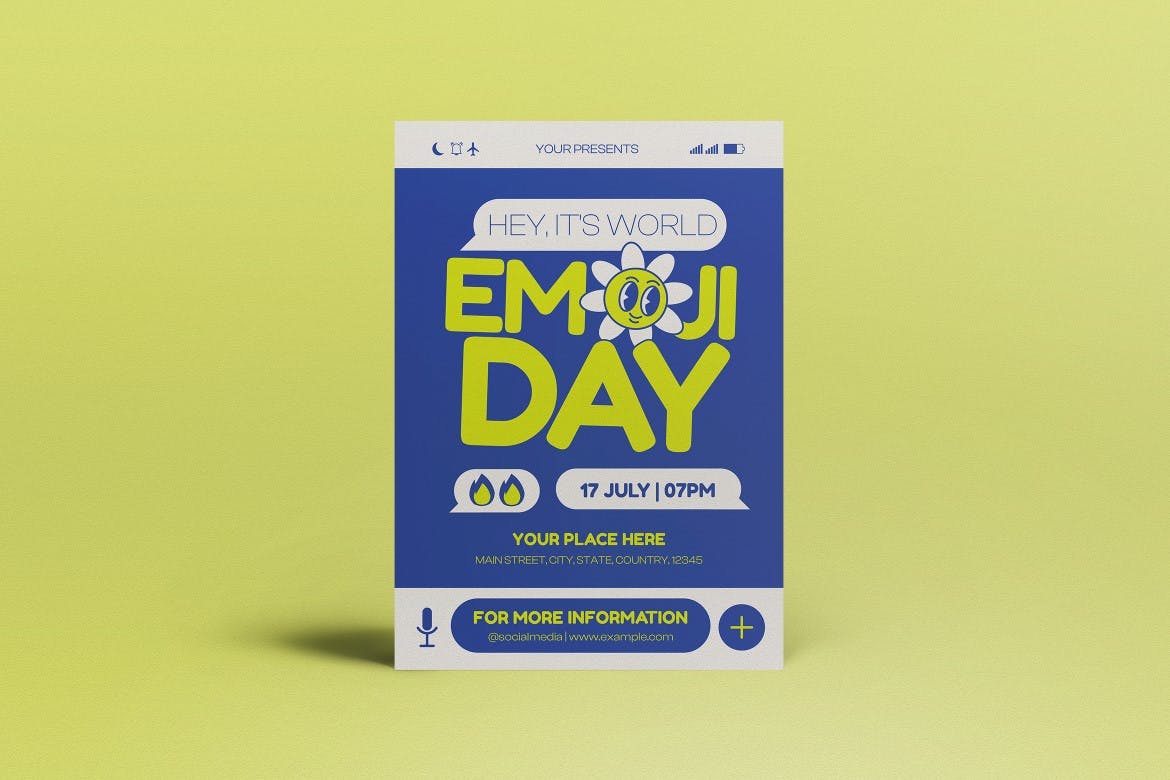 蓝色扁平设计世界表情符号日宣传单素材 Blue Flat Design World Emoji Day Flyer Set