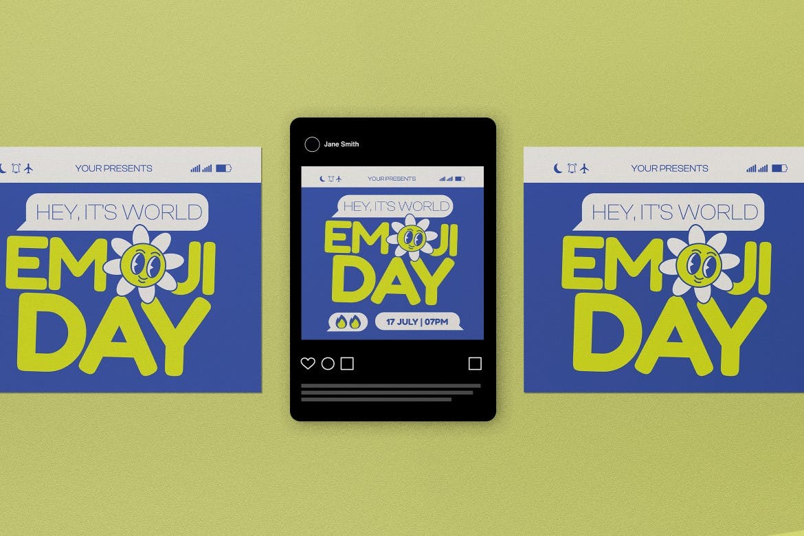 蓝色扁平设计世界表情符号日宣传单素材 Blue Flat Design World Emoji Day Flyer Set