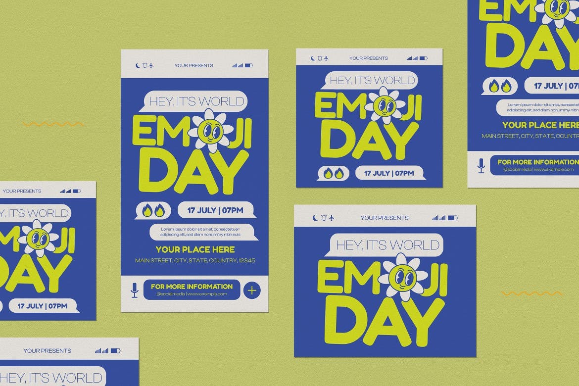 蓝色扁平设计世界表情符号日宣传单素材 Blue Flat Design World Emoji Day Flyer Set