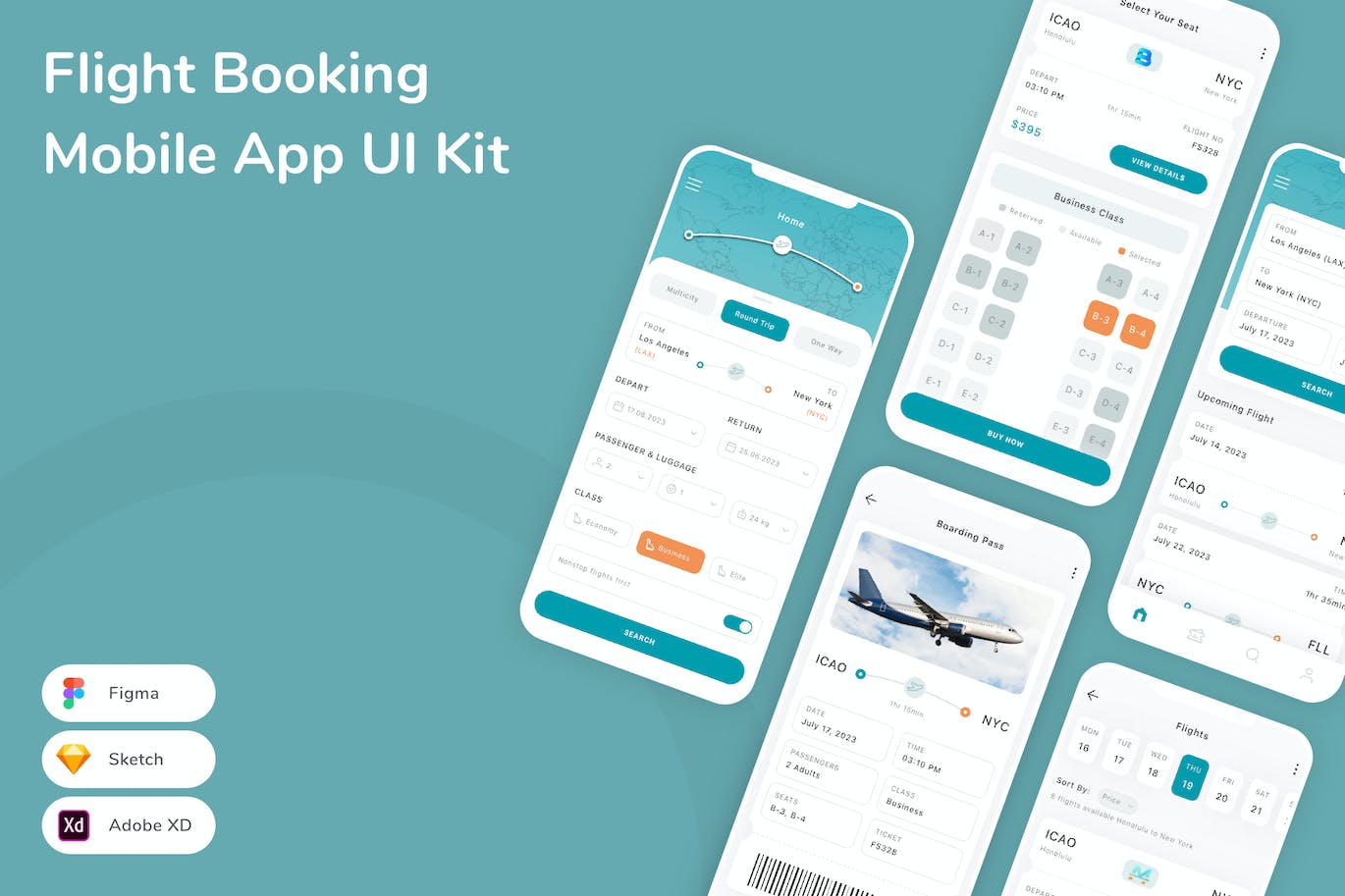 航班预订App界面设计UI模板套件 Flight Booking Mobile App UI Kit