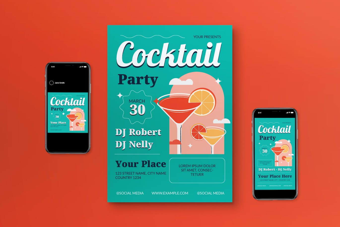 青色平面设计鸡尾酒会海报宣传单合集 Teal Flat Design Cocktail Party Flyer Set