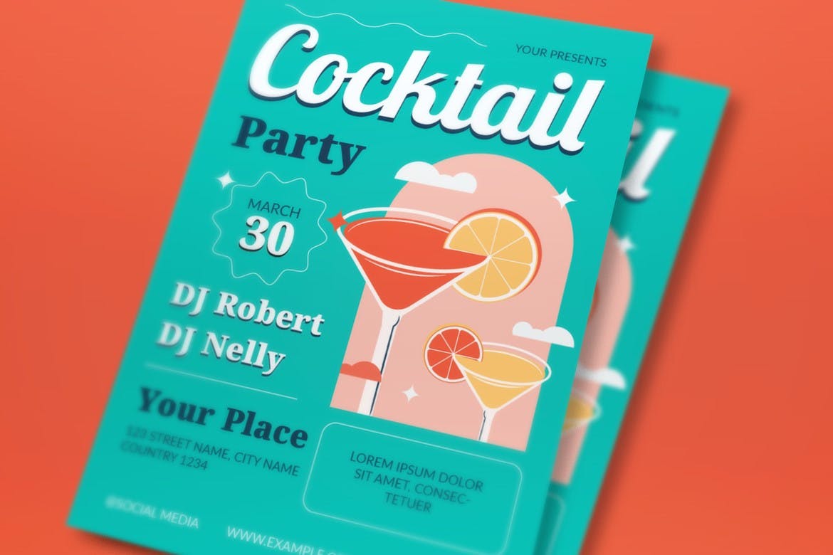 青色平面设计鸡尾酒会海报宣传单合集 Teal Flat Design Cocktail Party Flyer Set