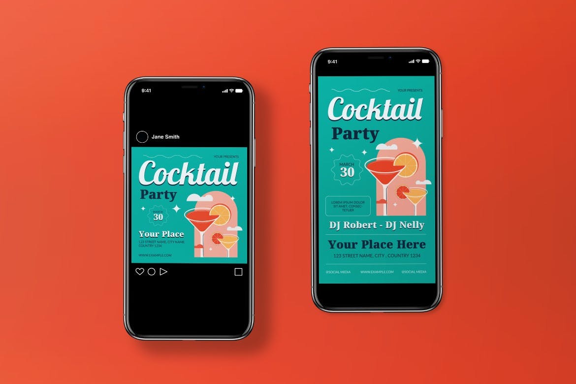 青色平面设计鸡尾酒会海报宣传单合集 Teal Flat Design Cocktail Party Flyer Set