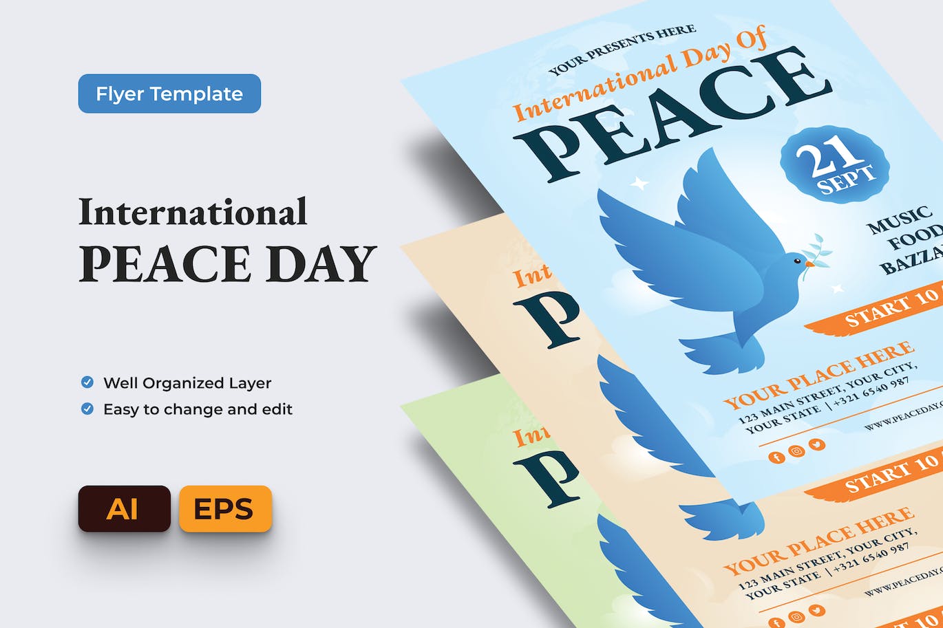 和平日传单 Ai &#038; EPS 模板 Peace Day Flyer Ai &#038; EPS Template