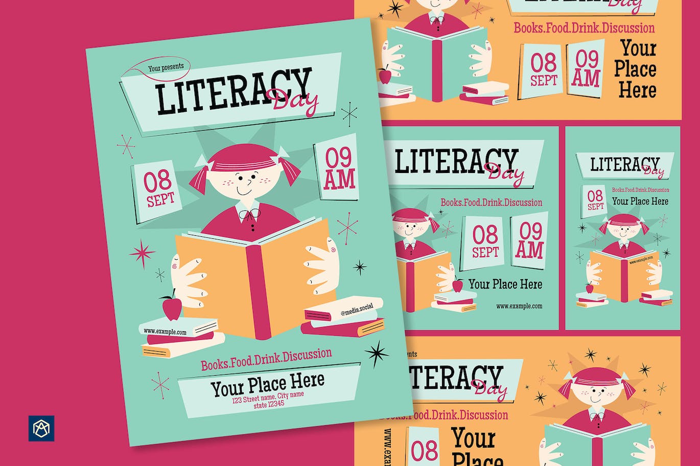 世纪中叶扫盲日传单集 Mid century literacy day flyer Set