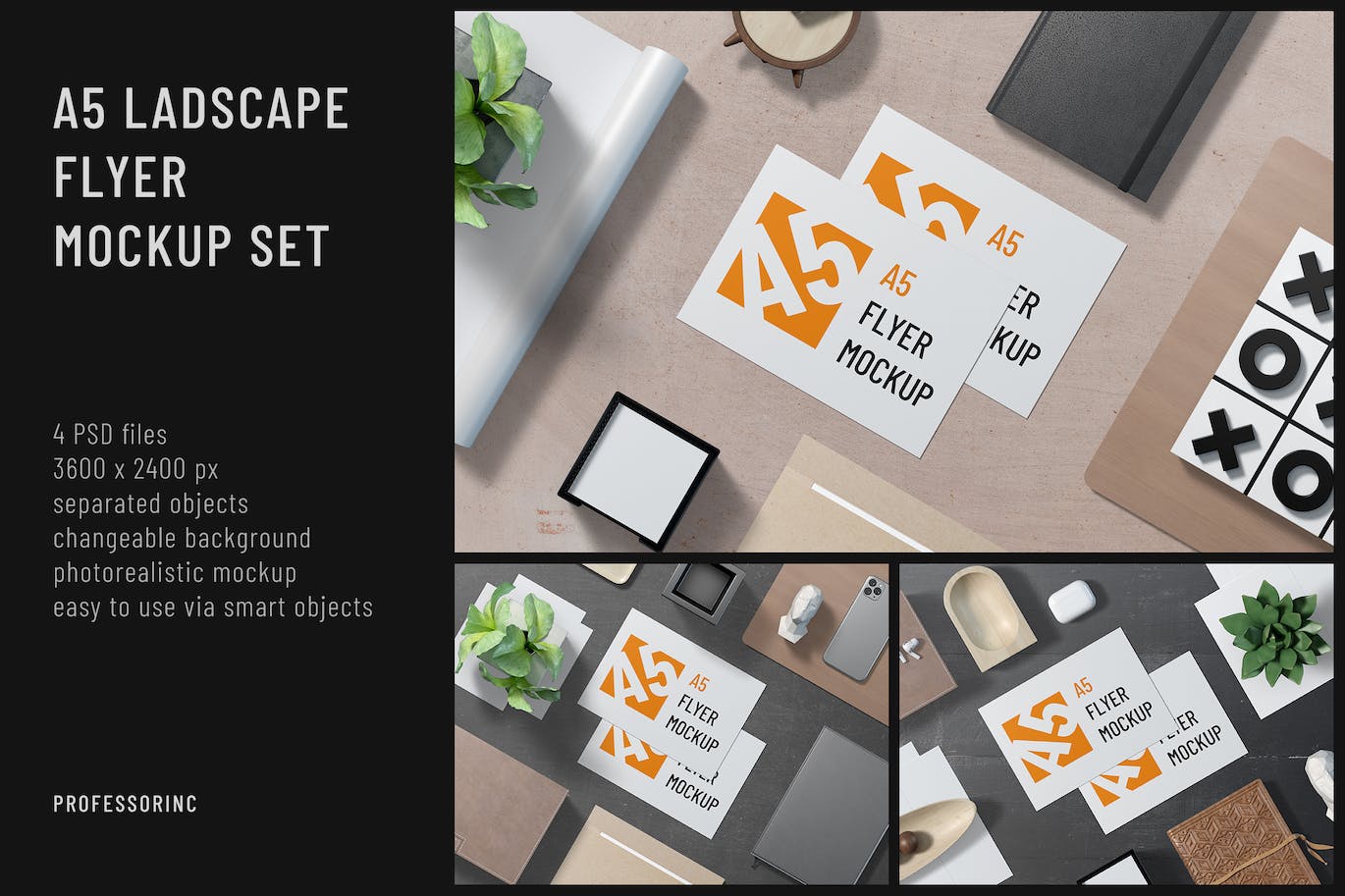 A5 传单设计样机集 A5 Landscape Flyer Mockup Set