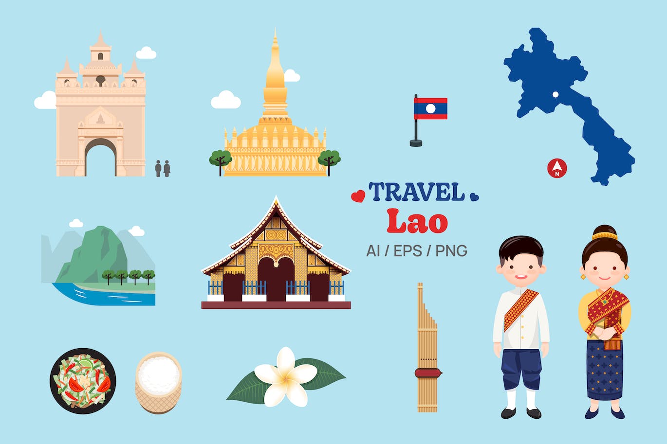 老挝元素地图和地标符号矢量插画 Travel Lao elements map and landmarks symbols