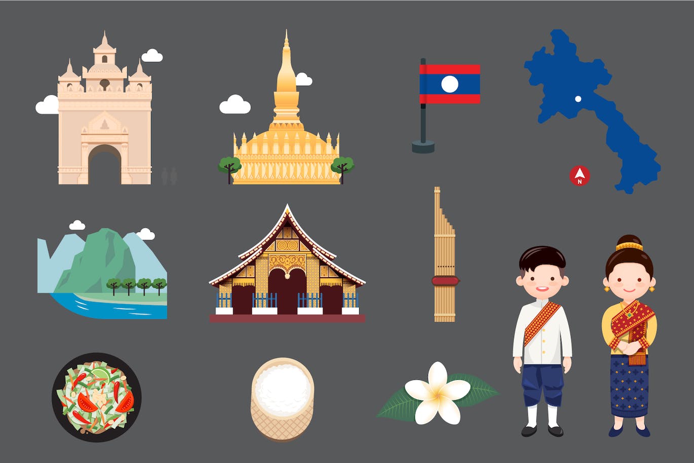 老挝元素地图和地标符号矢量插画 Travel Lao elements map and landmarks symbols