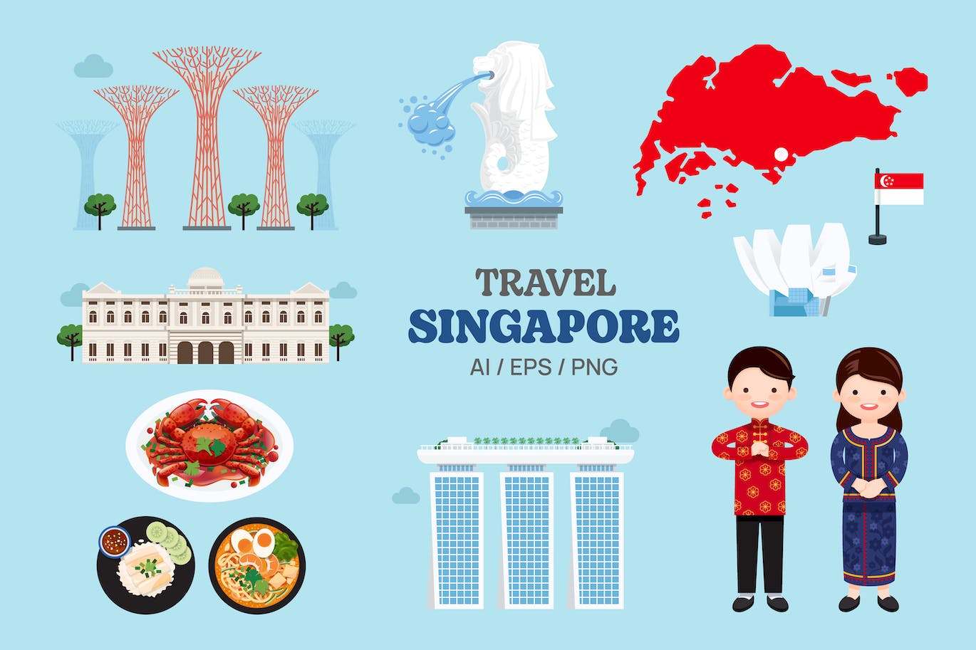 新加坡元素地图和地标符号矢量插画 Travel Singapore elements map and landmarks symbol