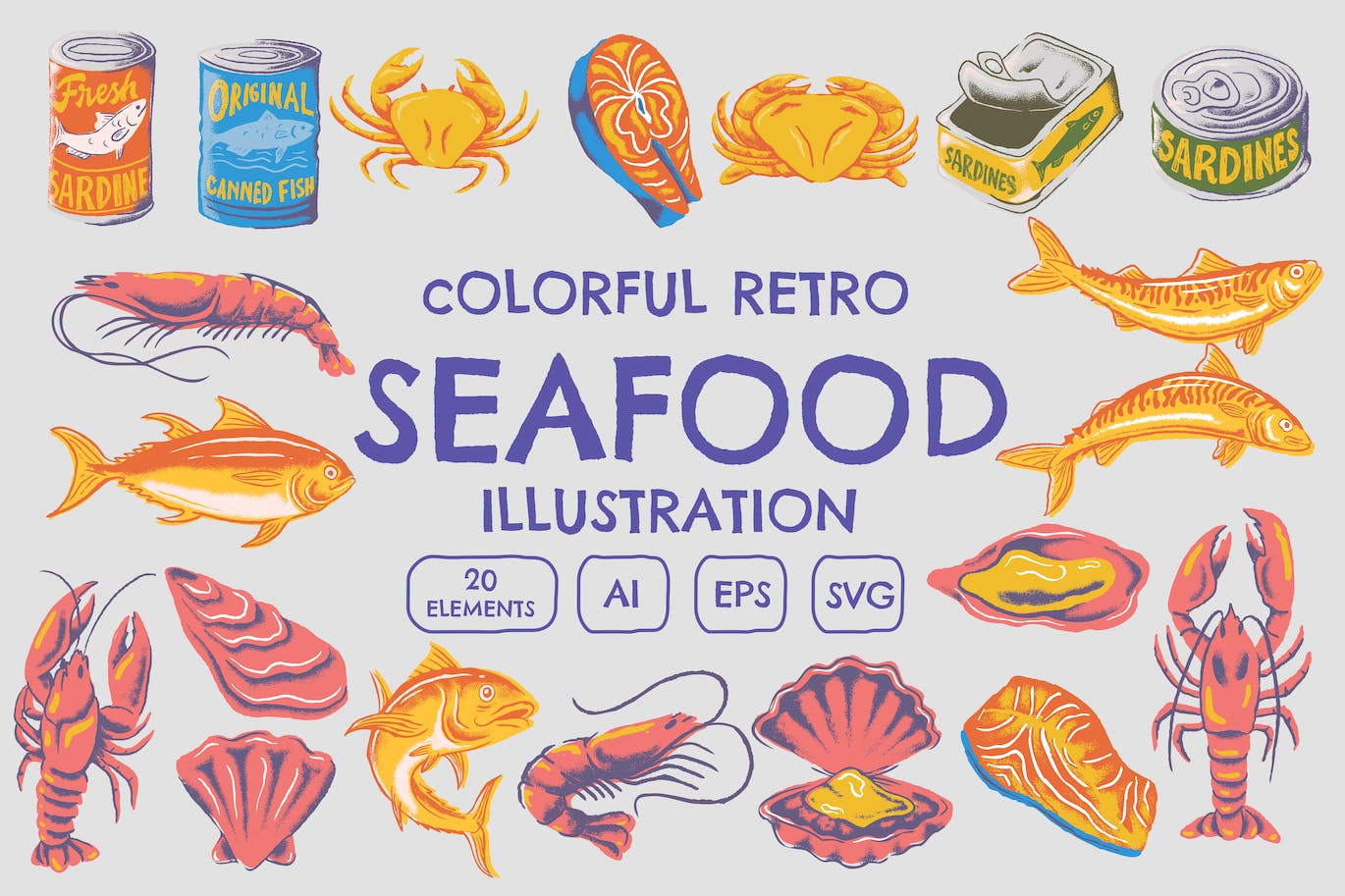 海鲜食品复古插画 Seafood Retro Illustration