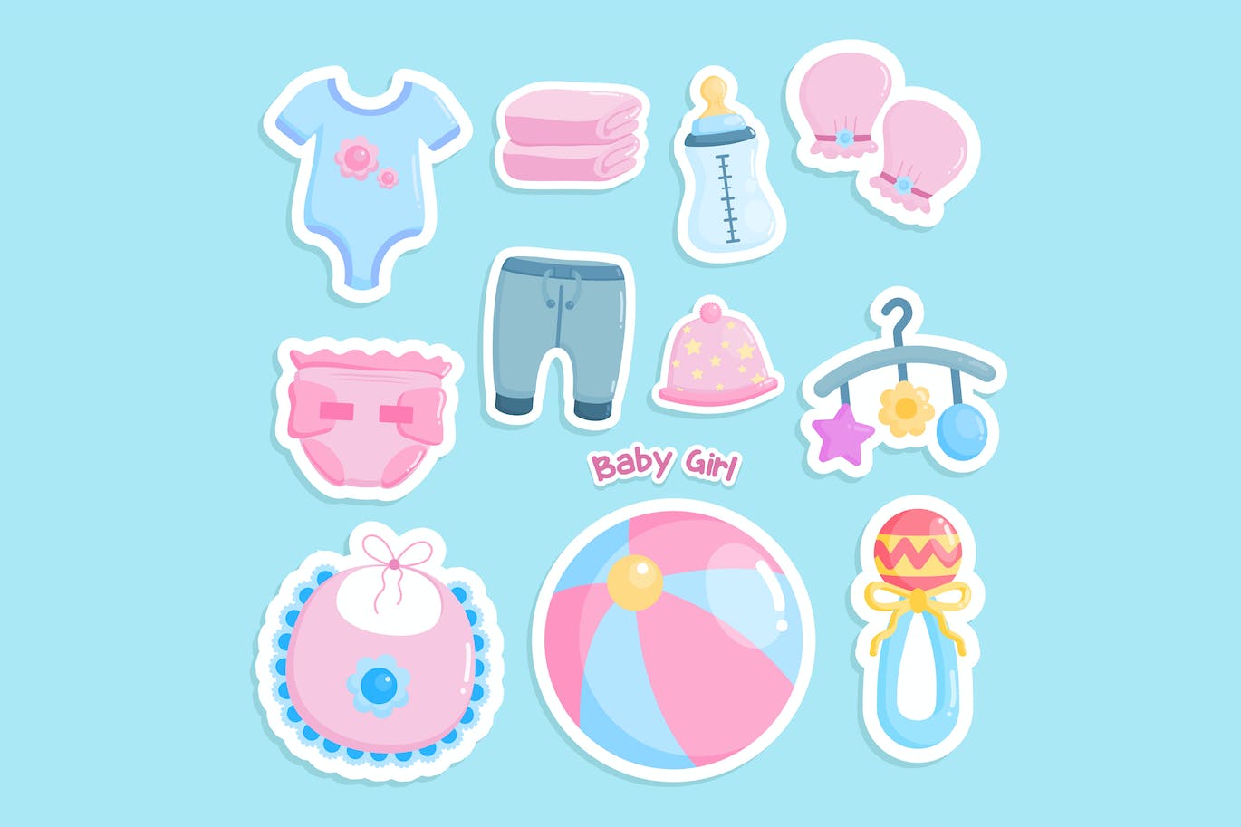 婴儿护理用品可爱贴纸插画套装 Baby Care Stuff Cute Sticker Set