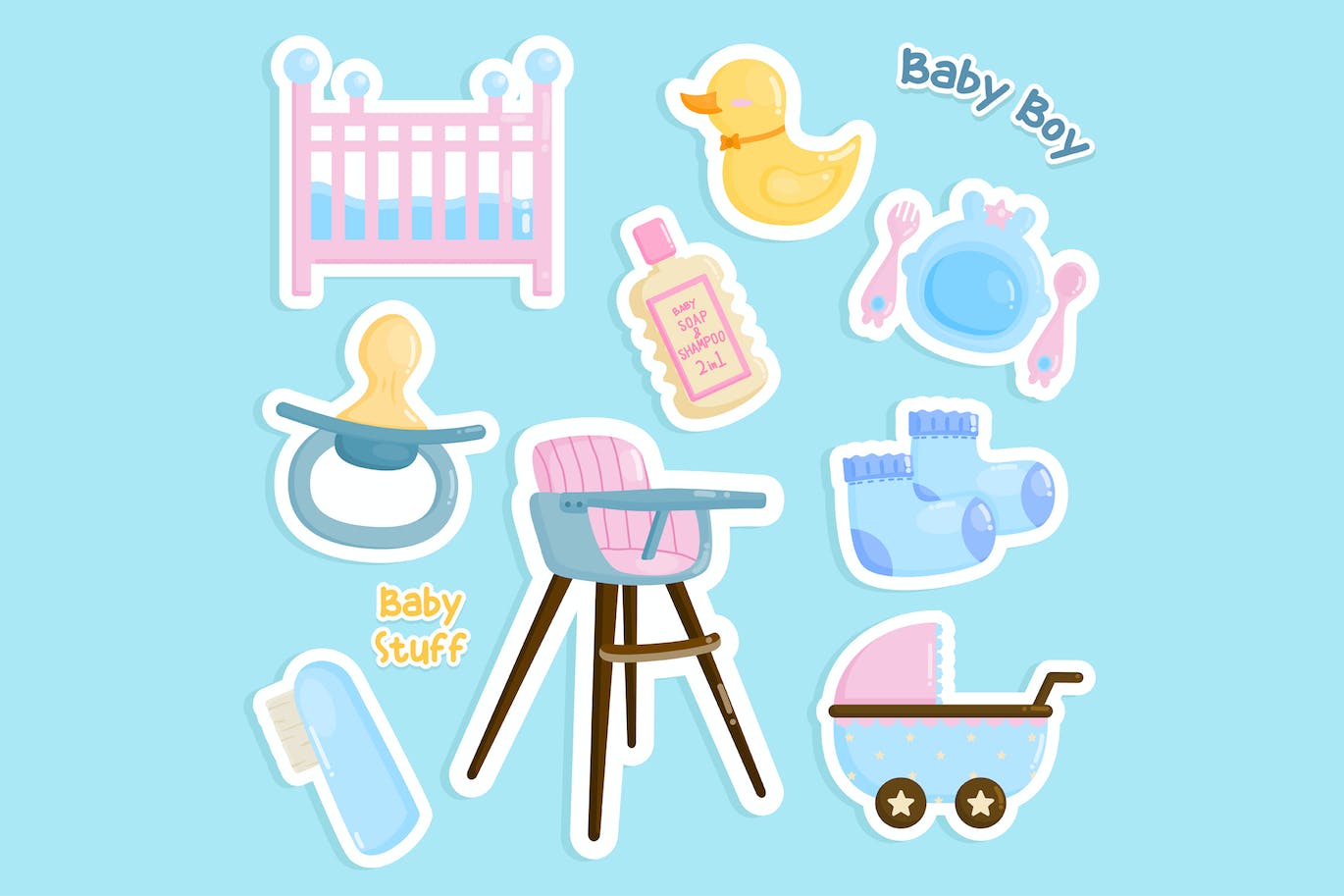 婴儿护理用品可爱贴纸插画套装 Baby Care Stuff Cute Sticker Set