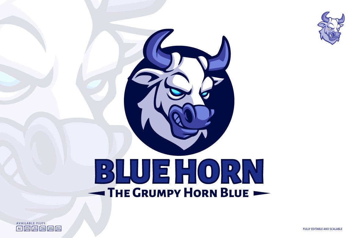 蓝色牛头吉祥物标志Logo设计模板 Blue Horn Mascot Logo Template