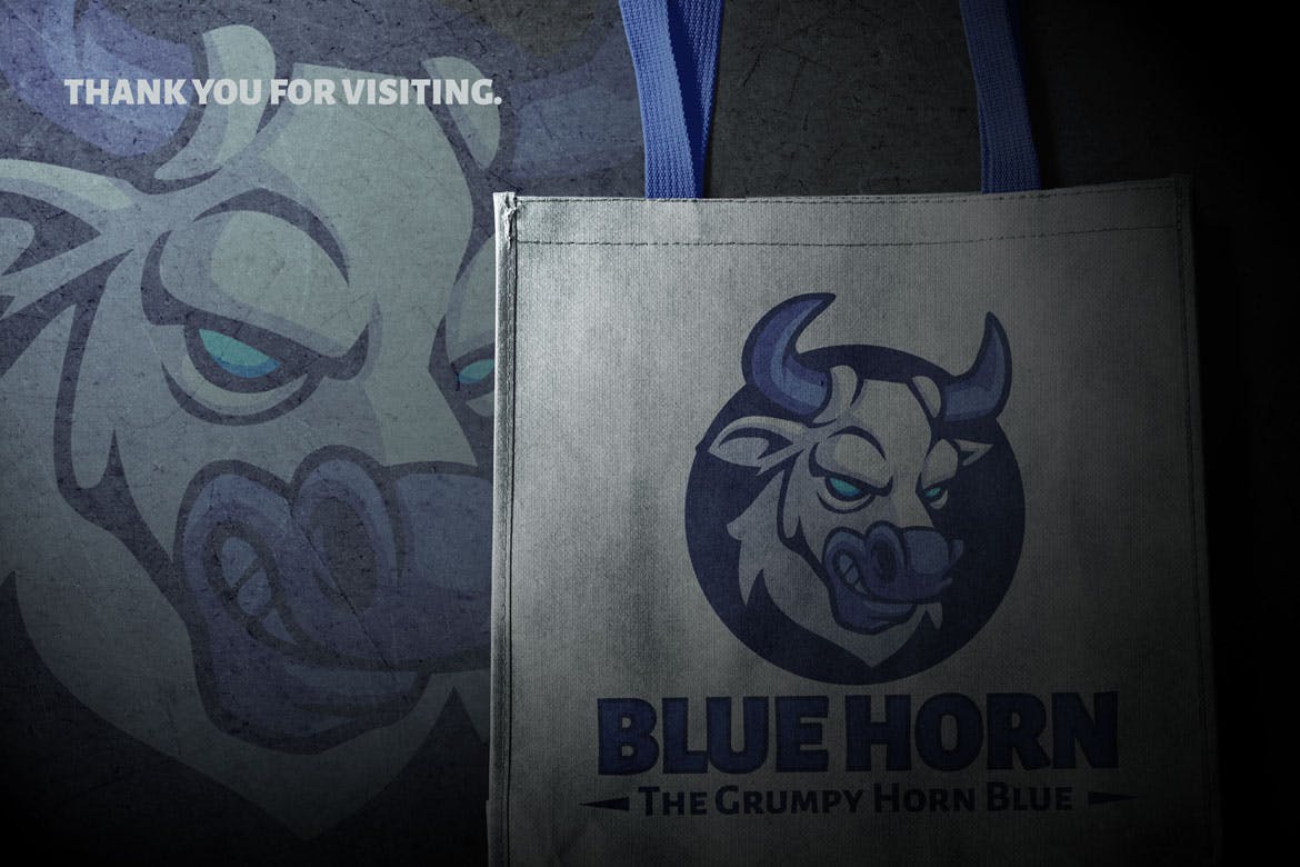 蓝色牛头吉祥物标志Logo设计模板 Blue Horn Mascot Logo Template