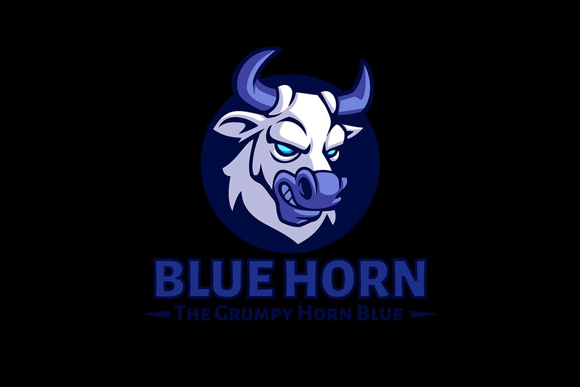 蓝色牛头吉祥物标志Logo设计模板 Blue Horn Mascot Logo Template