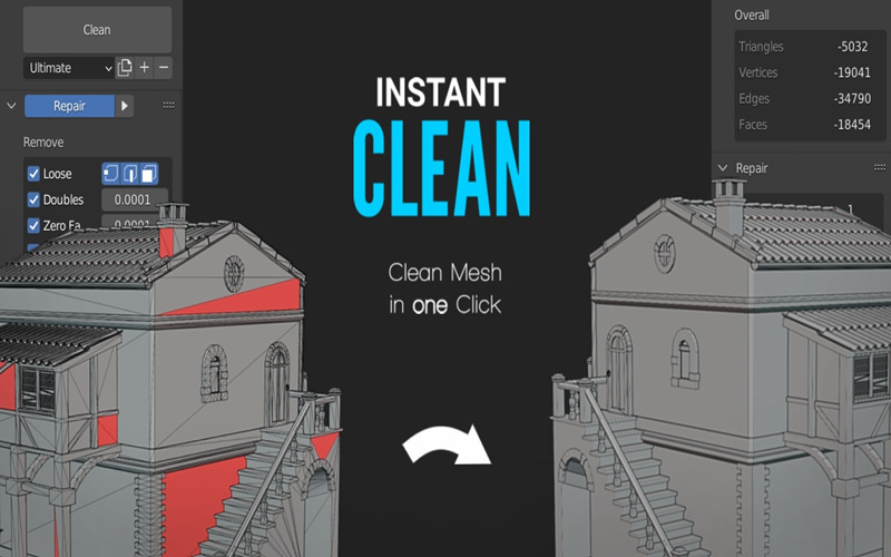 【Blender插件】Instant Clean 2.01 一键清理网格模型拓扑法线整理_