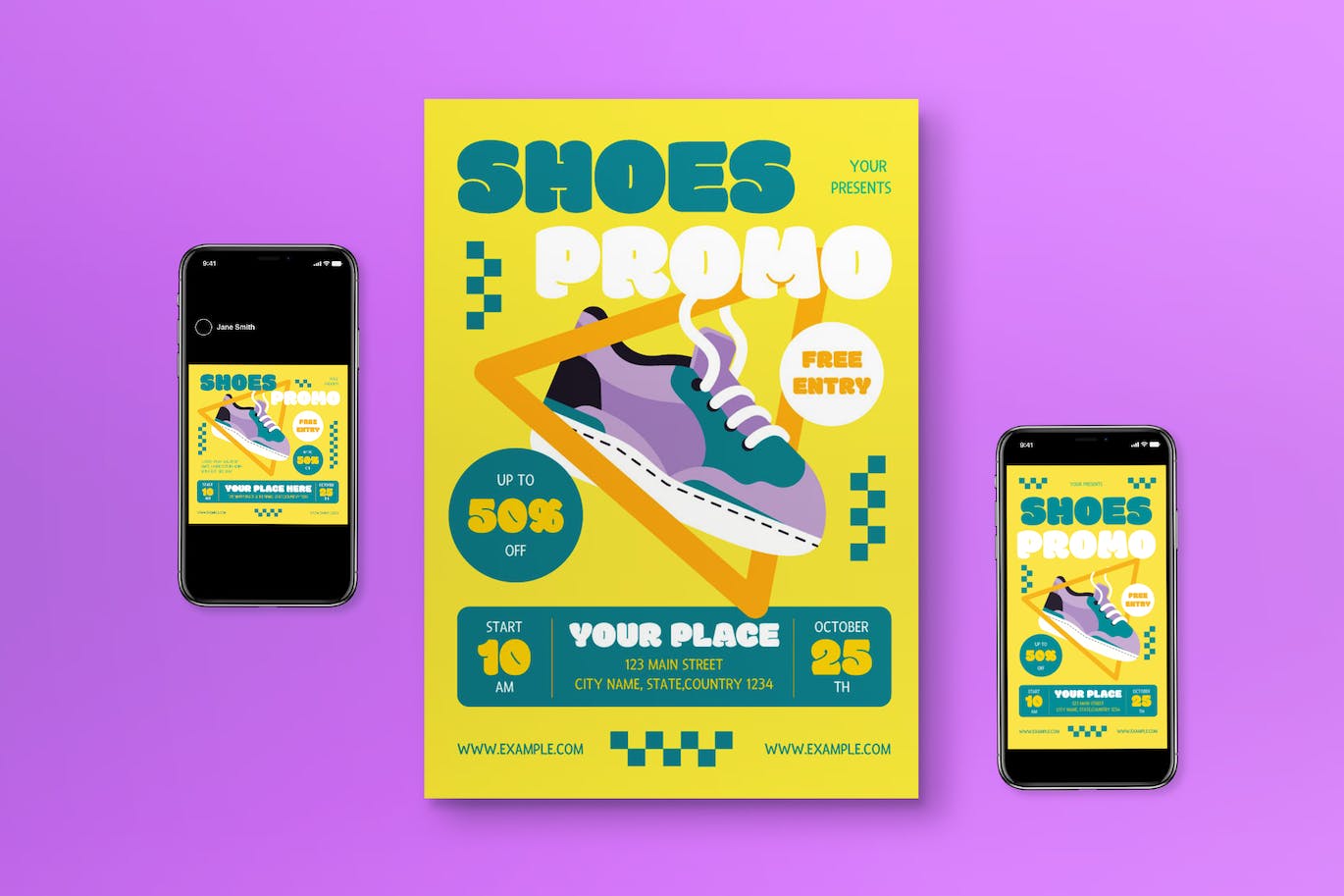 黄色平面设计鞋促销传单套装 Yellow Flat Design Shoes Promo Flyer Set