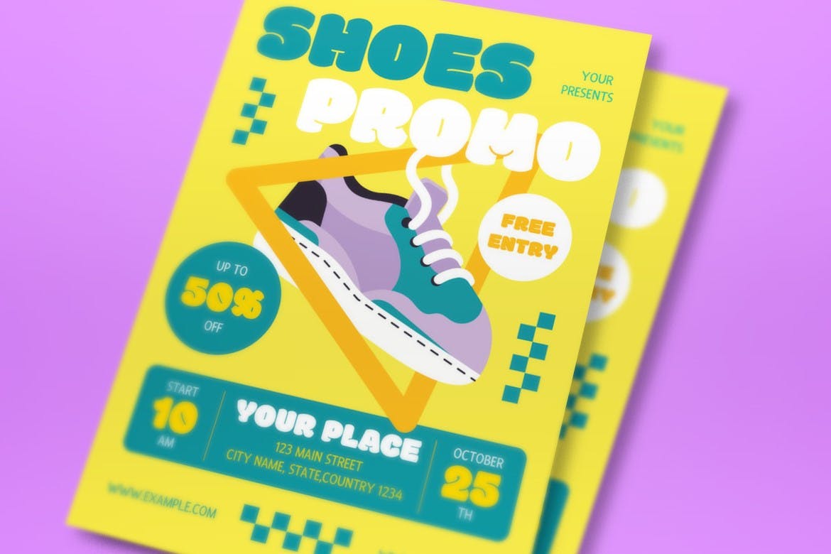 黄色平面设计鞋促销传单套装 Yellow Flat Design Shoes Promo Flyer Set