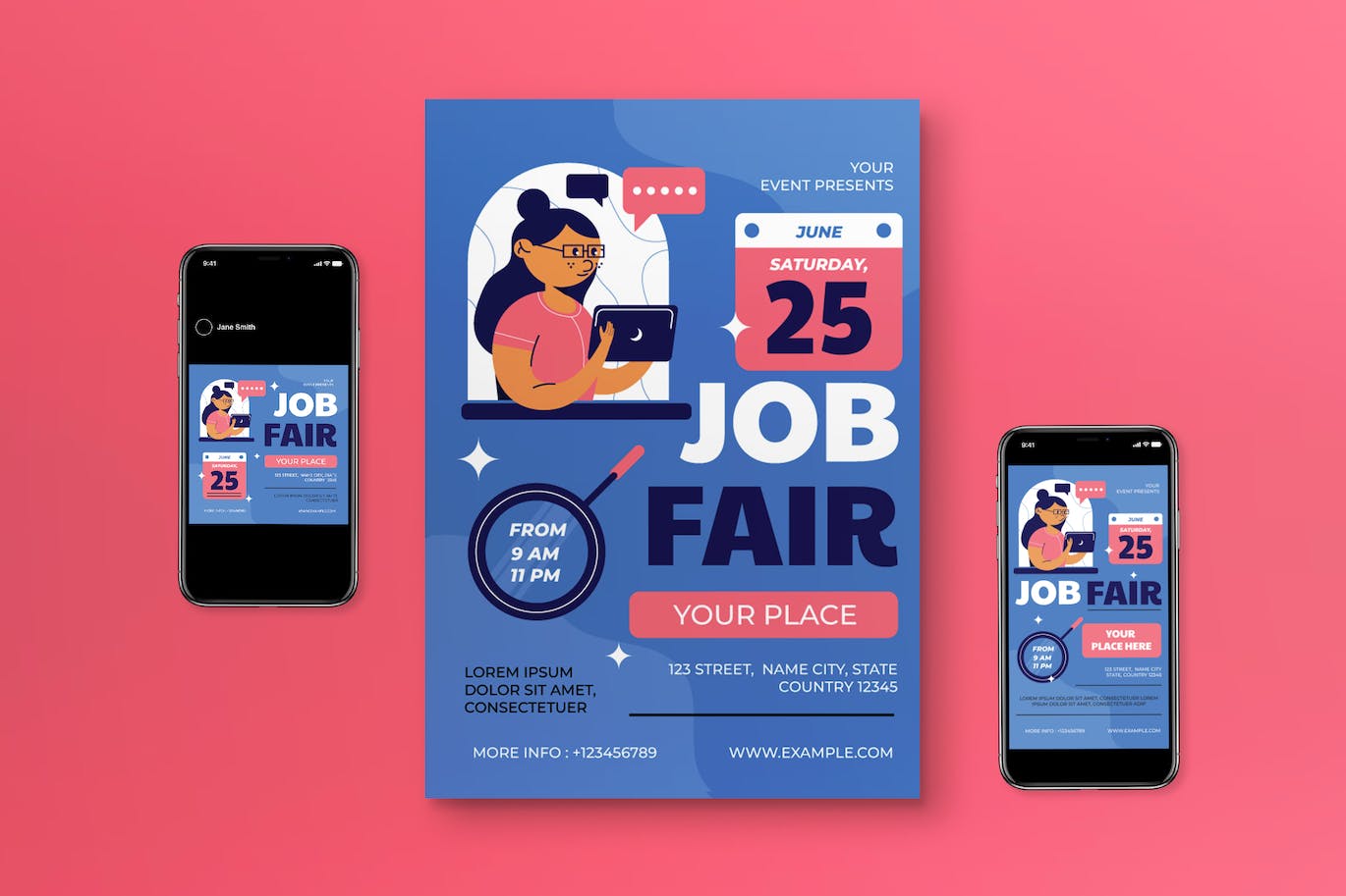 蓝色平面设计招聘会传单套装 Blue Flat Design Job Fair Flyer Set