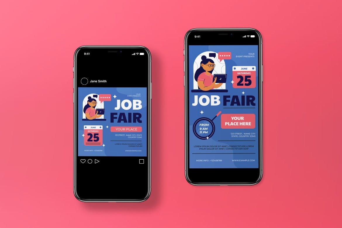 蓝色平面设计招聘会传单套装 Blue Flat Design Job Fair Flyer Set